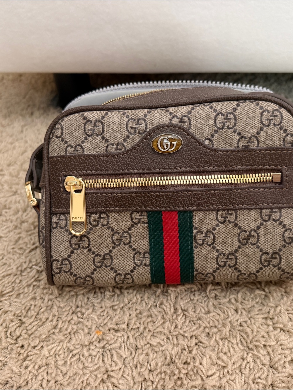 Beige Brown GG Canvas Crossbody with Red-Green Stripe